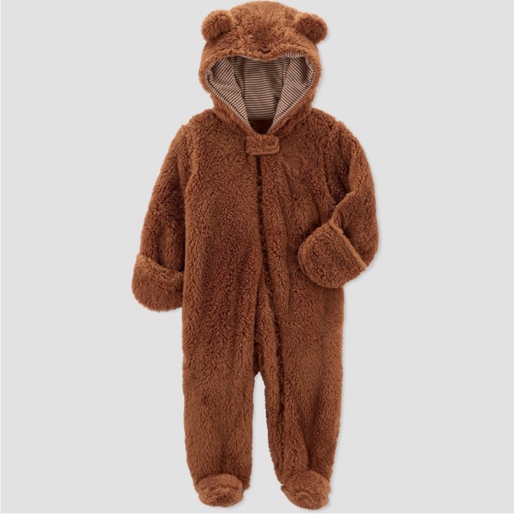 EUC Carter’s Just One You Teddy Bear Brown Hooded Fuzzy Zip Snowsuit 3M
